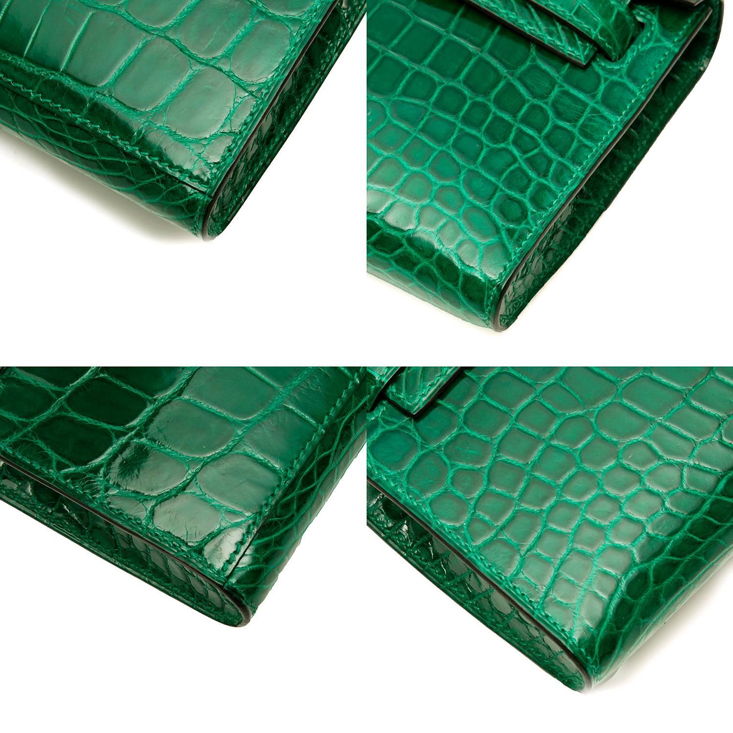 Hermes Emerald Green Kelly Cut in shiny Porosus Crocodile withsilver​ hardware.  1