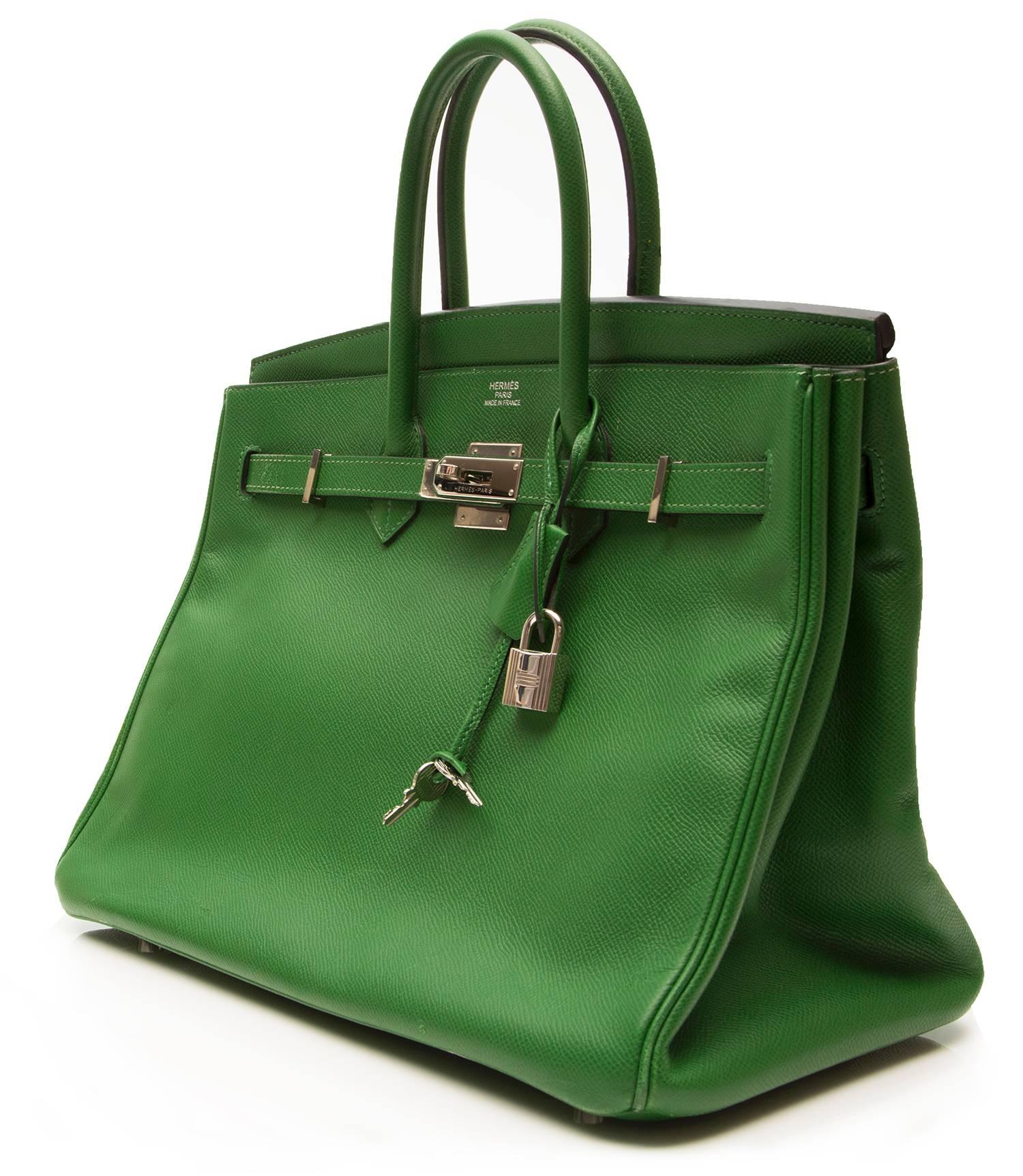 In a rare and enchantingly feminine shade of ​Green , this Hermès Birkin tote is a truly dazzling item. It is crafted from Epsom leather, a highly popular hide for its ability to retain its shape, and for its finely-grained embossed texture which