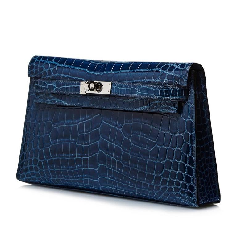 Hermes Bleu Petrole Niloticus Crocodile Kelly Elan Clutch For Sale at