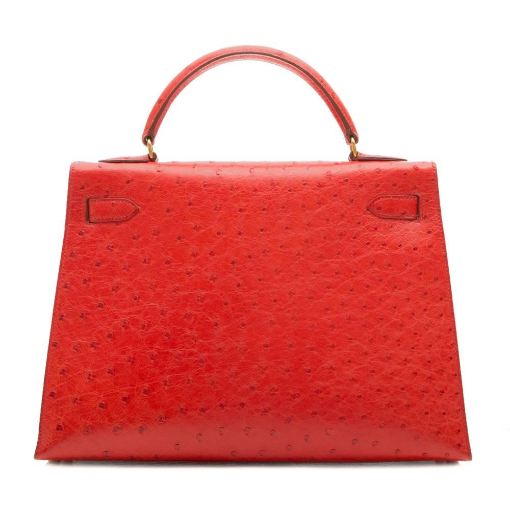 Red Hermès Vintage ​Rouge Vif 32cm Kelly in Ostrich Leather