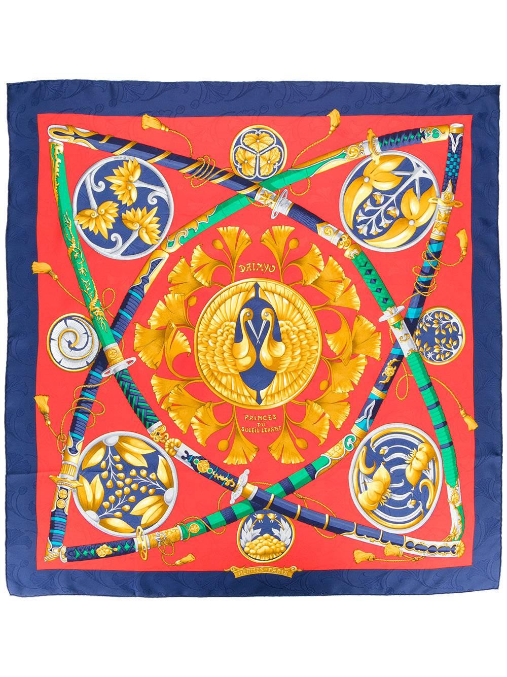 Multicoloured silk sword print scarf from Hermès Vintage featuring a 'princes du soleil levant' print.

Colour: Multicolour

Composition: 100% Silk

Measurements: length: 90cm, width: 88cm

Made in France

Condition: 10/10