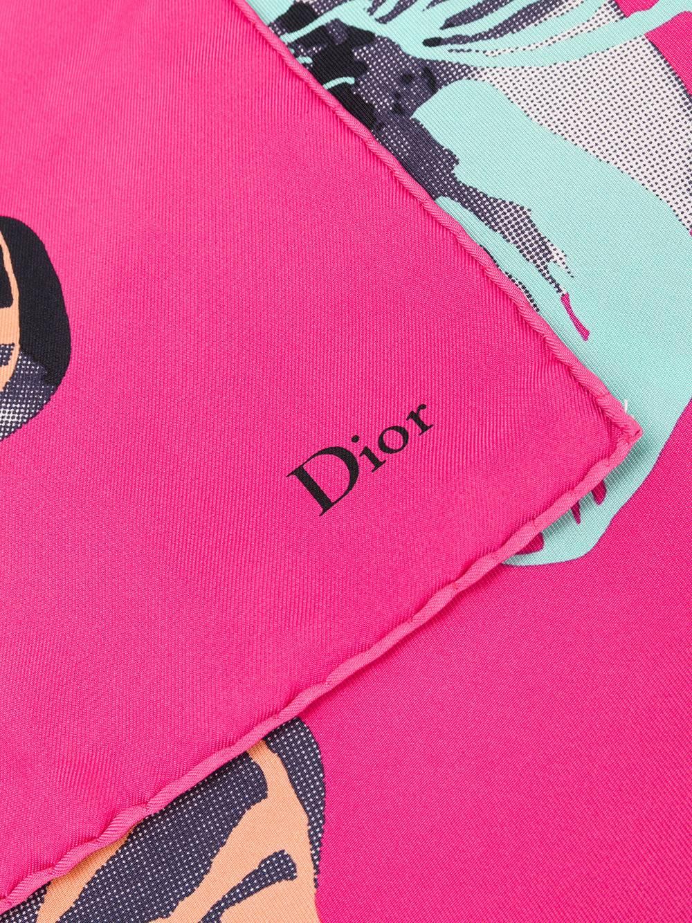 This Dior scarf is crafted from a soft pure silk in bright pink, this scarf presents a romantic mixture of floral prints and modern sketches. With finished edges, Dior's logo is subtly printed on the rim. It also features an elongated length,