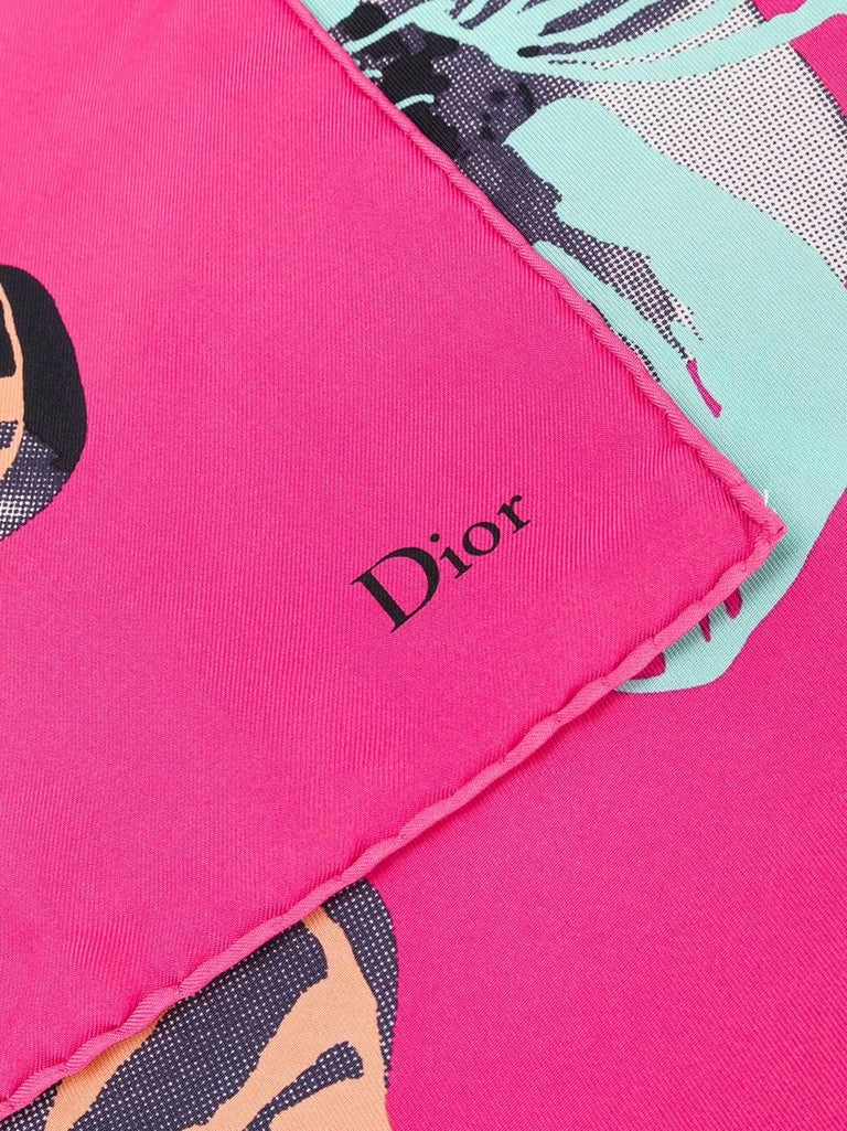 Christian Dior Bright Pink Flower Print Silk Scarf at 1stDibs