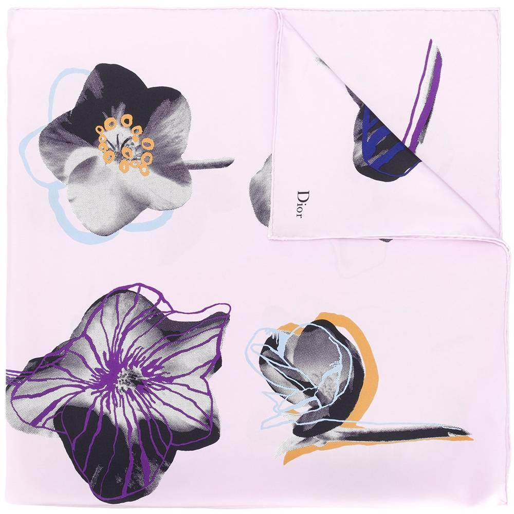 Christian Dior Flower Print Purple Silk Scarf