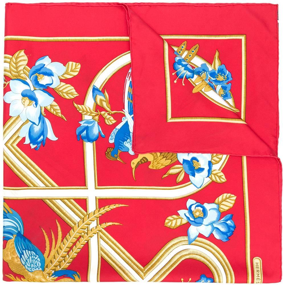 Hermes Red "Birds & Flowers" Print Silk Scarf