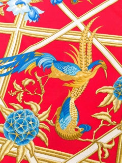 Hermes Red "Birds & Flowers" Print Silk Scarf