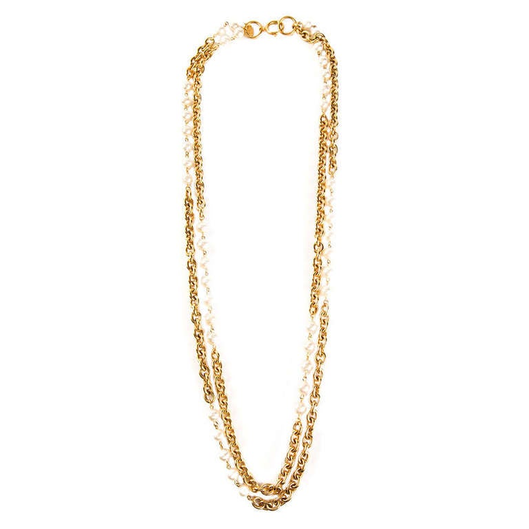 Chanel Vintage Pearl Embellished Long Chain Necklace at 1stdibs