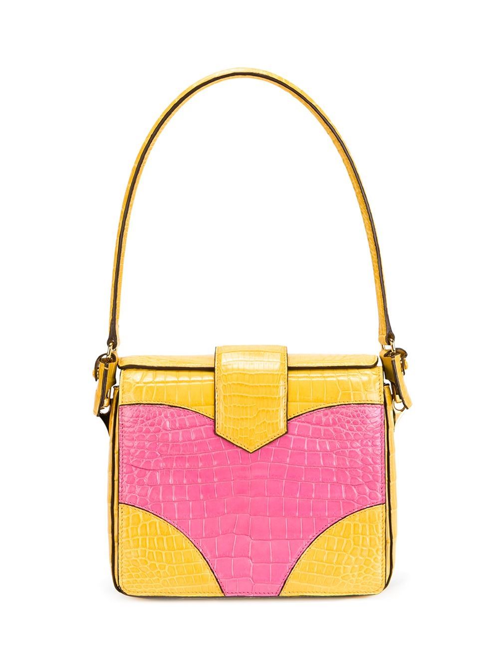 This yellow and pink crocodile leather colour block tote from Prada features foldover top with twist-lock closure, gold-tone hardware, a panelled colour block design, an internal zipped pocket, multiple interior compartments and an internal logo