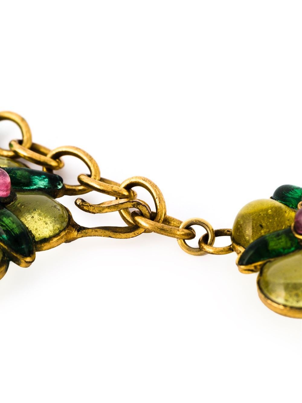 This vintage multicoloured metal and glass gripoix flower necklace from Chanel Vintage featuring a fishhook fastening. Circa 1986. Please note that vintage items are not new and therefore might have minor imperfections.

Colour: