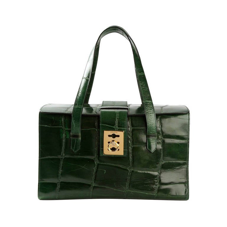 Céline Vintage Green Faux Croc Tote Bag