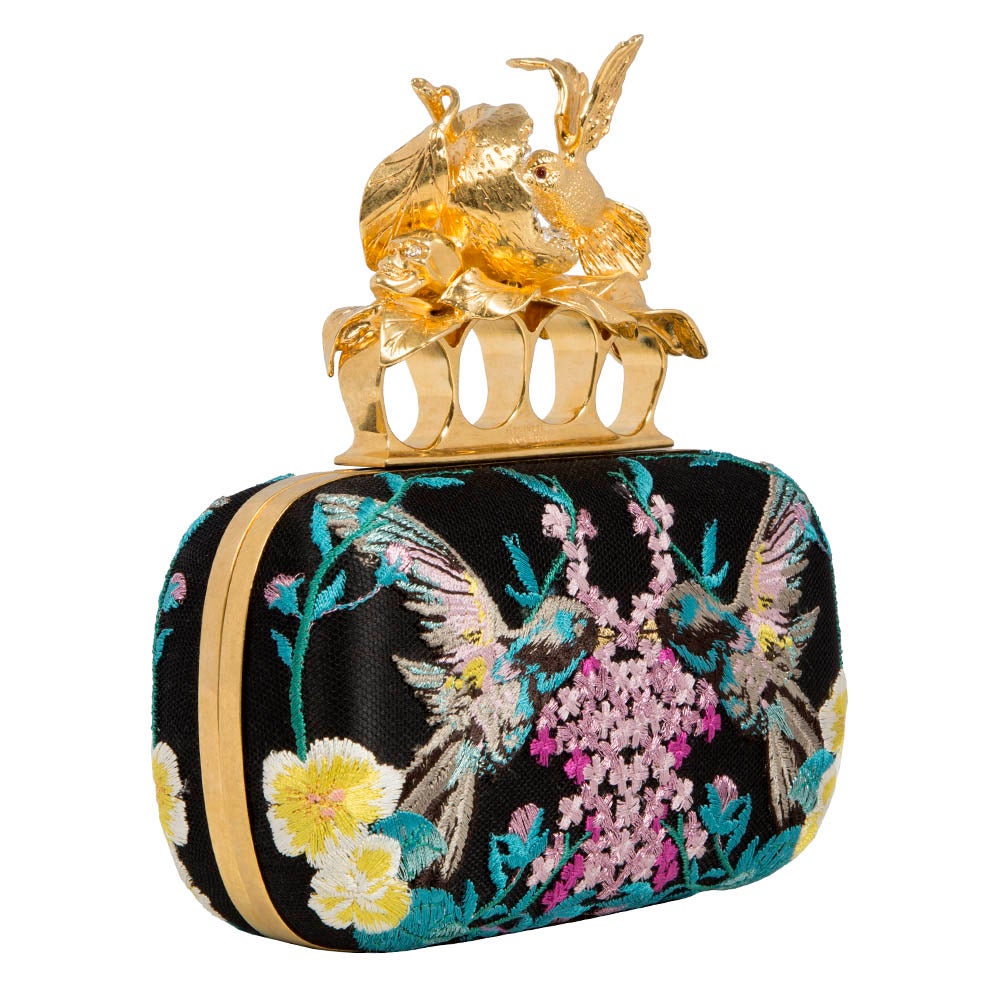 Exquisite Alexander McQueen Short Knuckle Box clutch featuring an embroidered multi-coloured Hummingbird design and gold-tone hardware. This rare, limited edition piece is lined with black leather.