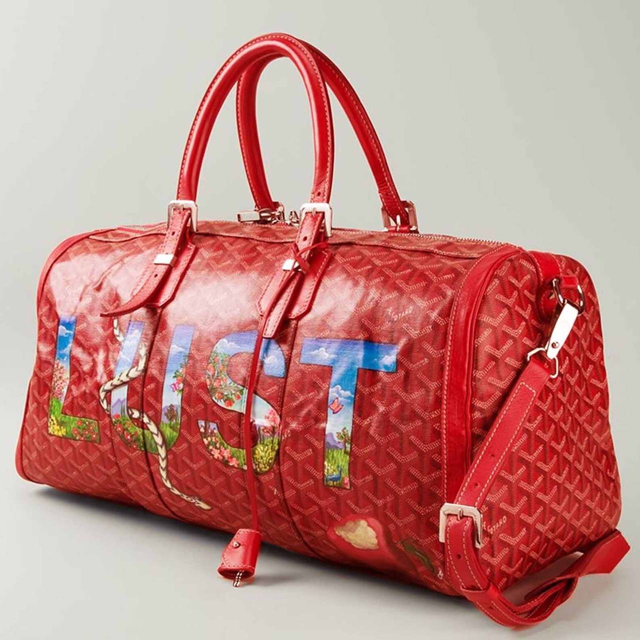 Goyard Hand Painted Red Bag. This is a hand painted customized Goyard bag.Hand painted vintage Goyard Leather red barrel bag, accented with gold-Tone hardware.

Material: Leather

Colour: Red, Hand-painted design

Condition: Excellent vintage