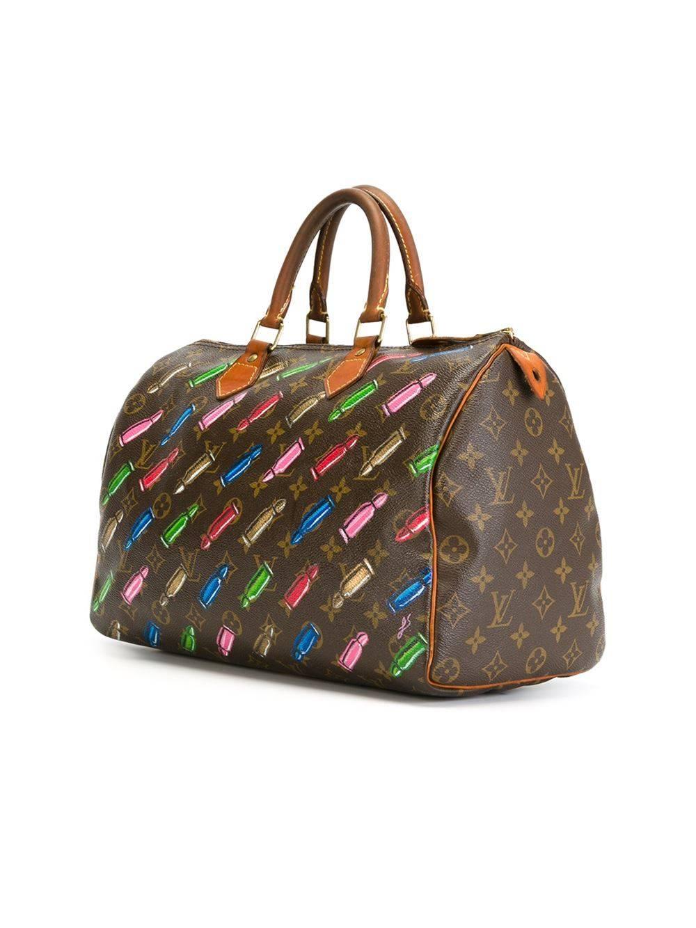 Hand painted brown and multicolour leather mini bullet 'Speedy' tote featuring a monogram print, round top handles, a top zip fastening and an internal zipped pocket. 

Material: Leather 100%

Colour: Brown, Hand-painted design 

The