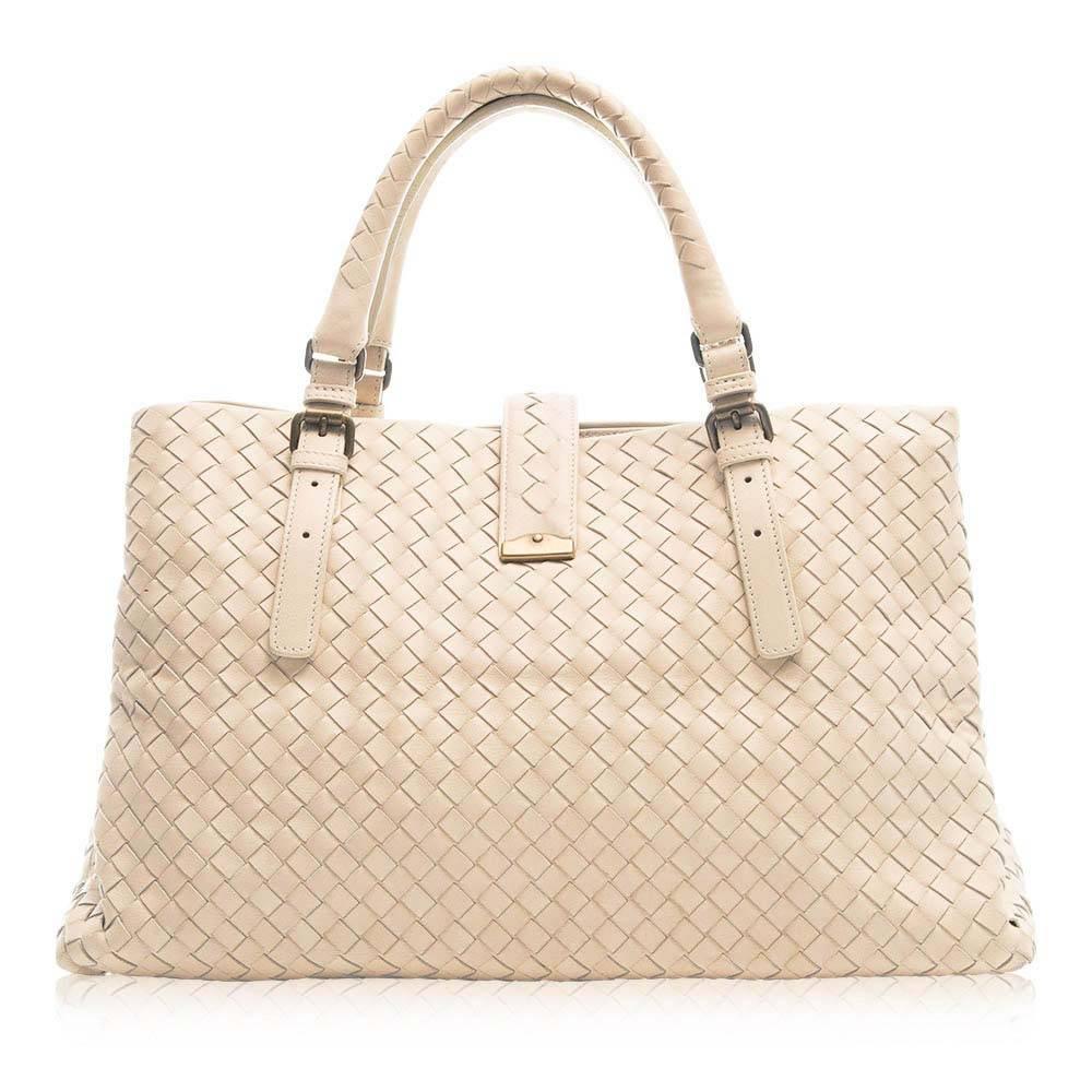 Beige Bottega Veneta Stone Roma Intrecciato Handbag