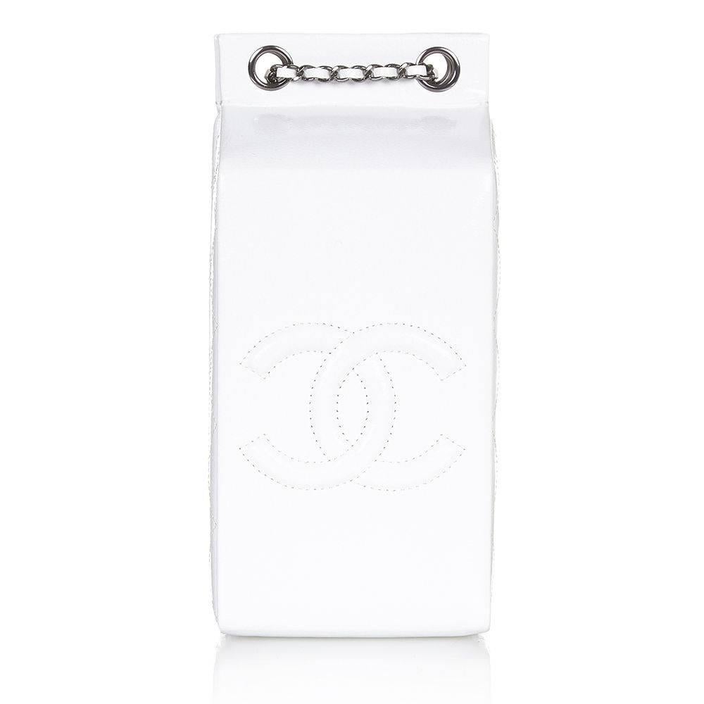 Groceries got a Chanel makeover at the maison’s iconic autumn/winter 2014 show, inspired by supermarkets. This whimsical shoulder bag is designed in the shape of a milk carton, crafted from a patent white leather with quilted panels. One side is
