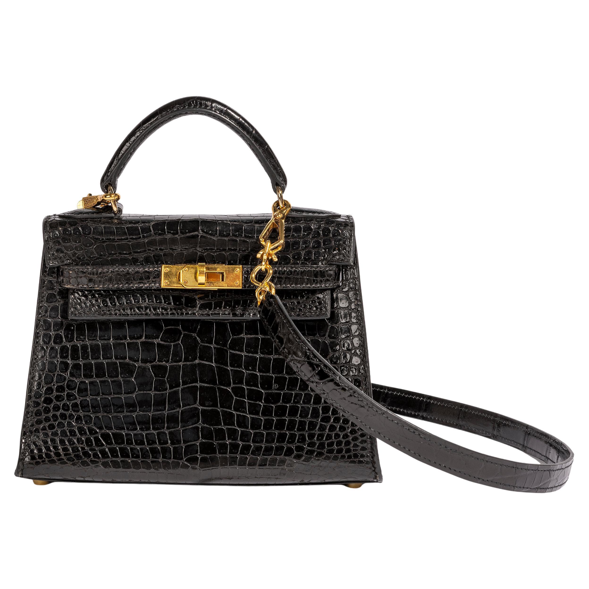 Hermès Vintage Mini Kelly 20 Sellier Glänzend Schwarz GHW im Angebot