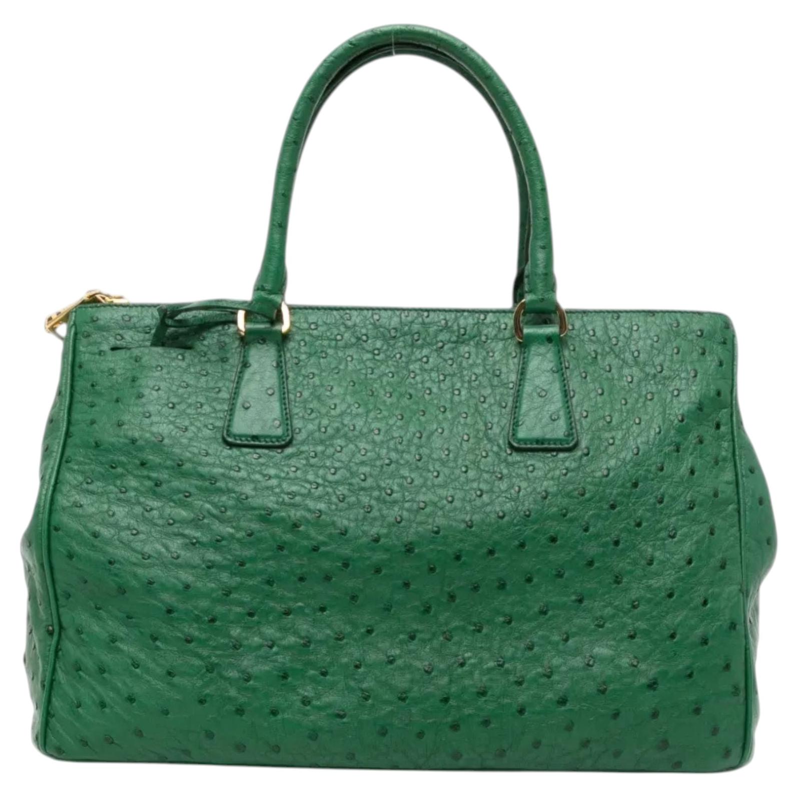 Prada Green Ostrich Leather Tote Bag with Gold Hardware, Unisex