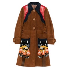 Miu Miu Women's Brown Suede Flower-Cat Patch Coat with Accents