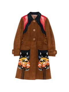 Miu Miu Women's Brown Suede Flower-Cat Patch Coat with Accents