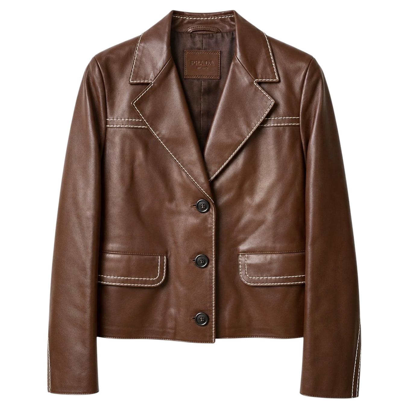 Prada Brown Leather Jacket with Topstitch Trim For Sale