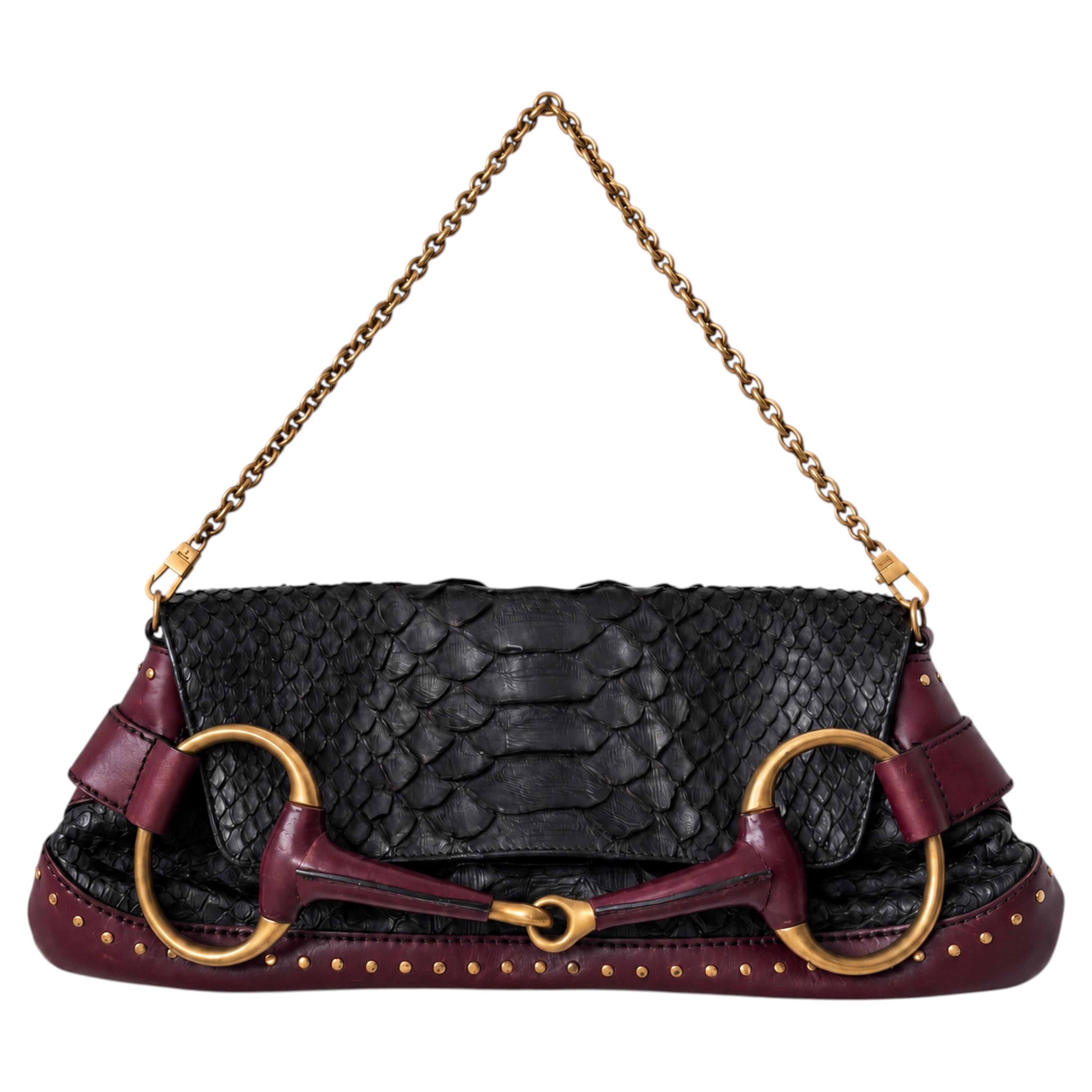 Gucci Vintage Tom Ford 2003 Black Python Horsebit Shoulder Bag Unisex