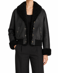 Chanel Women's Black Leather Shearling Cropped Bomber Jacket