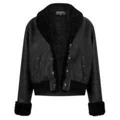 Chanel Women's Black Leather Shearling Cropped Bomber Jacket
