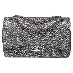 Chanel Silver Tweed Sequins Jumbo Double Flap Bag