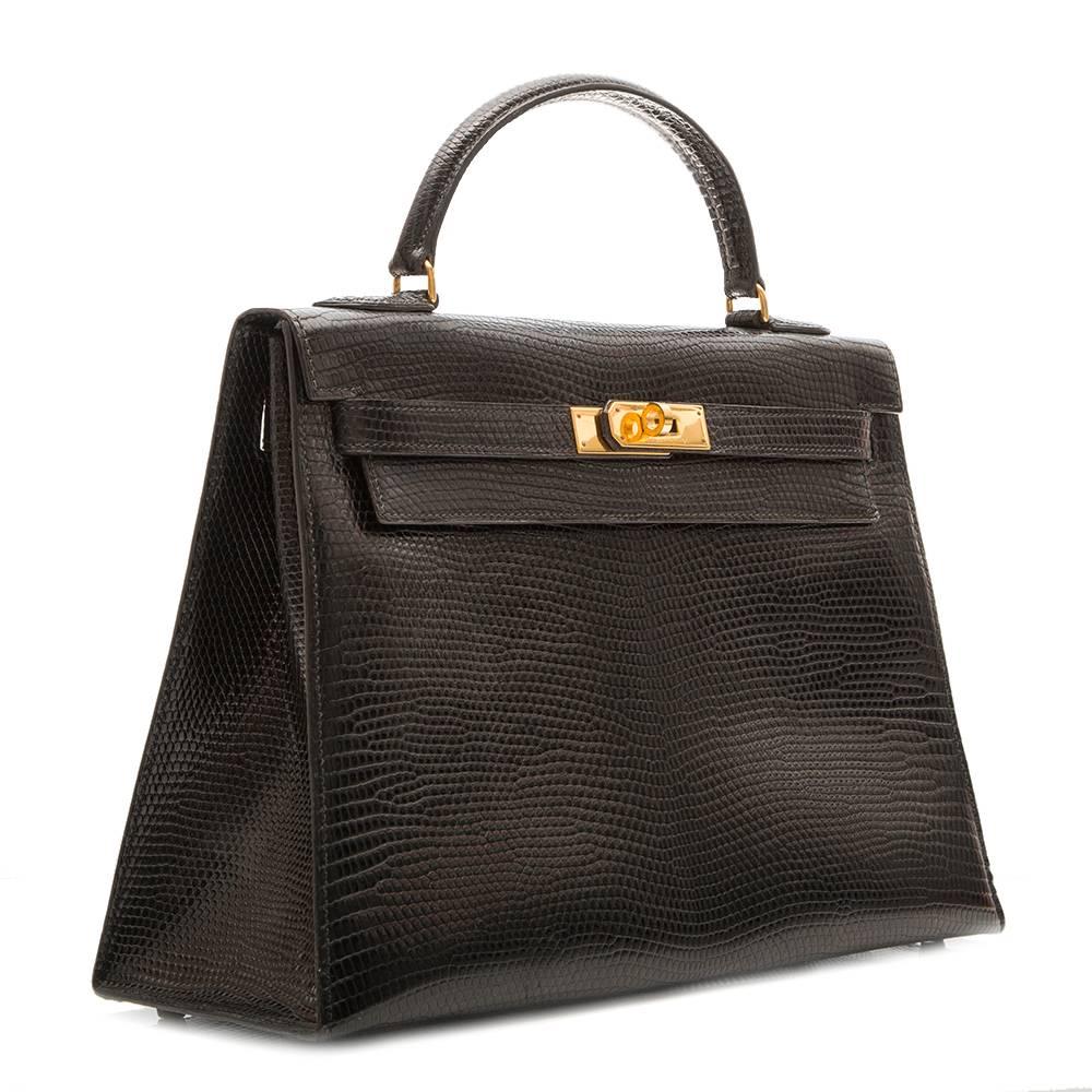 Hermes Vintage 32cm Black Lizard Kelly Bag In Excellent Condition In London, GB