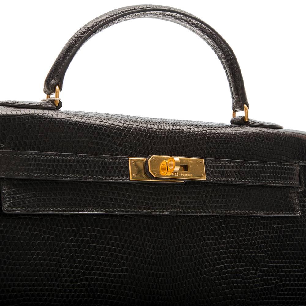Hermes Vintage 32cm Black Lizard Kelly Bag 1