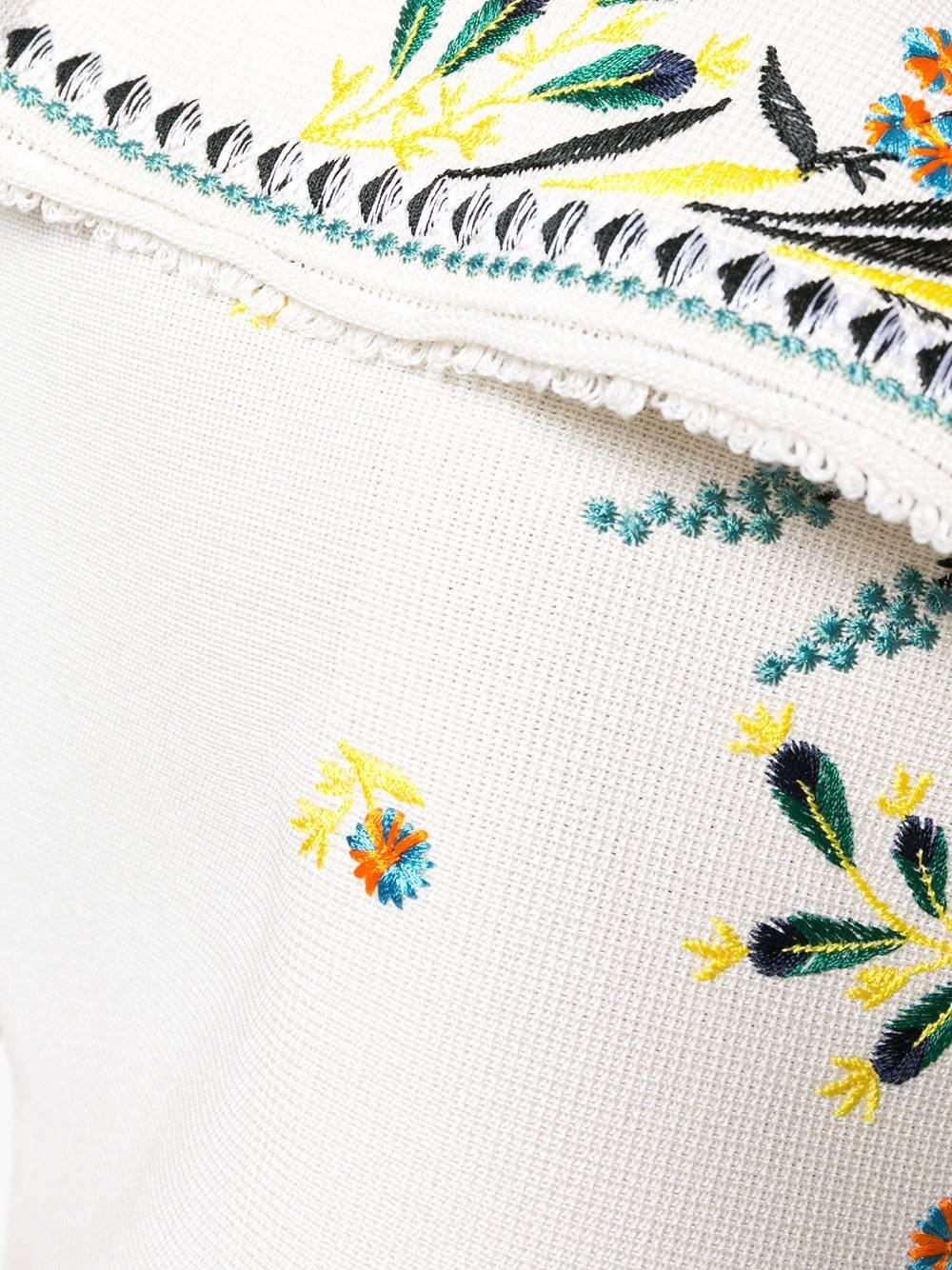 This Christian Dior Vintage silk-cotton embroidered sleeveless jacket features a collarless design and a black tie fastening. An embroidered floral design adds a colourful feminine element, complemented by a long length and a flared style.

Colour: