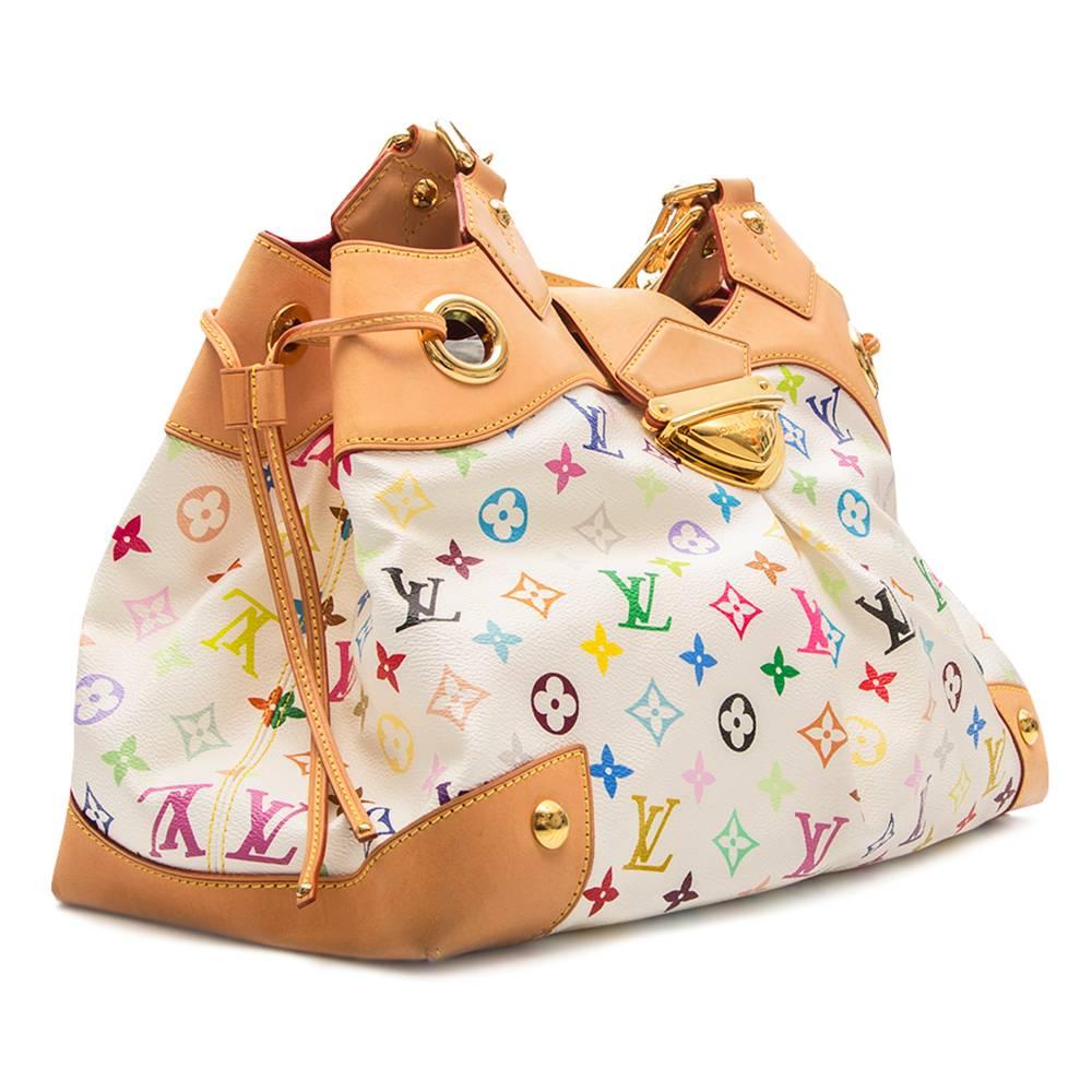 Add a splash of colour to your collection with this highly sought after Louis Vuitton Ursula bag in white monogram multicolour canvas. With a dark red Alkantra lining and an inner pocket, the bag has a small flap top and a push closure on the front.