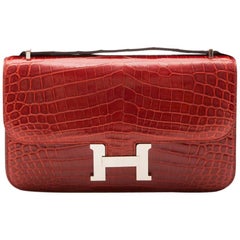 Hermès Rouge Porosus Crocodile H Constance Elan Shoulder Bag