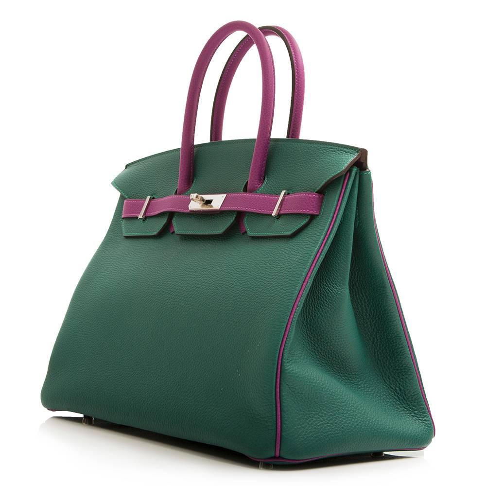 This special order Hermès Birkin bag features a striking combination of oceanic hues. Its Malachite green exterior is offset with Anemone purple handles, piping and belt arms. It is rendered in Clemence leather, a favoured Hermès hide for its