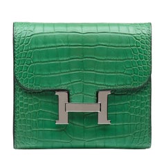 Hermes Cactus Green Matte Alligator Compact Constance Wallet