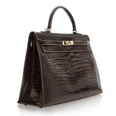Hermes Dark Brown Crocodile Kelly Silver Stitching 35cm