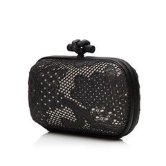 Bottega Veneta Black and White Lace Detail Knot Clutch Bag