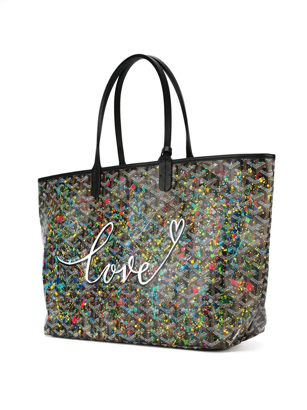 Crafted from Goyardine Canvas, a coloured textile made from cotton, linen and hemp, this black and brown Monogram St Louis tote Bag is adorned with a hand-painted 'splattered paint' design and the word 'Love' in the style of Jackson Pollock, as a