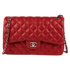 Chanel Red Diamond Quilted Lambskin Classic Double Flap Silver Hardware
