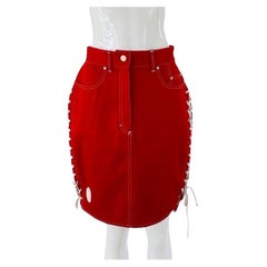 1980s Gaultier Junior Red Denim Skirt Lace Up Sides