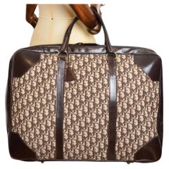 1970's CHRISTIAN DIOR Brown Leather Canvas Trotter Monogram Suitcase Luggage Bag