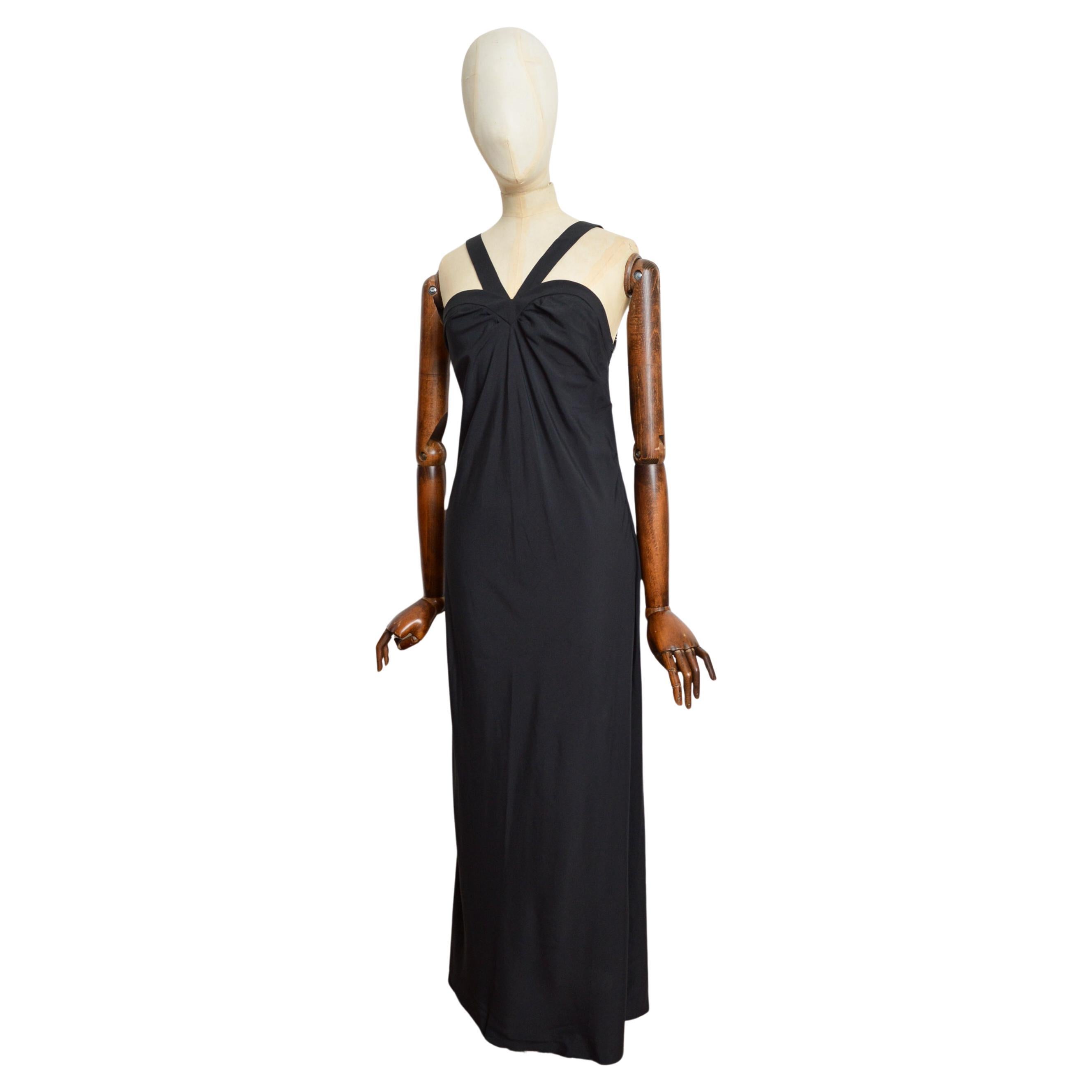 Primavera 1994 Yves Saint Laurent Elega Maxi abito da cocktail nero con spacco sulla gamba