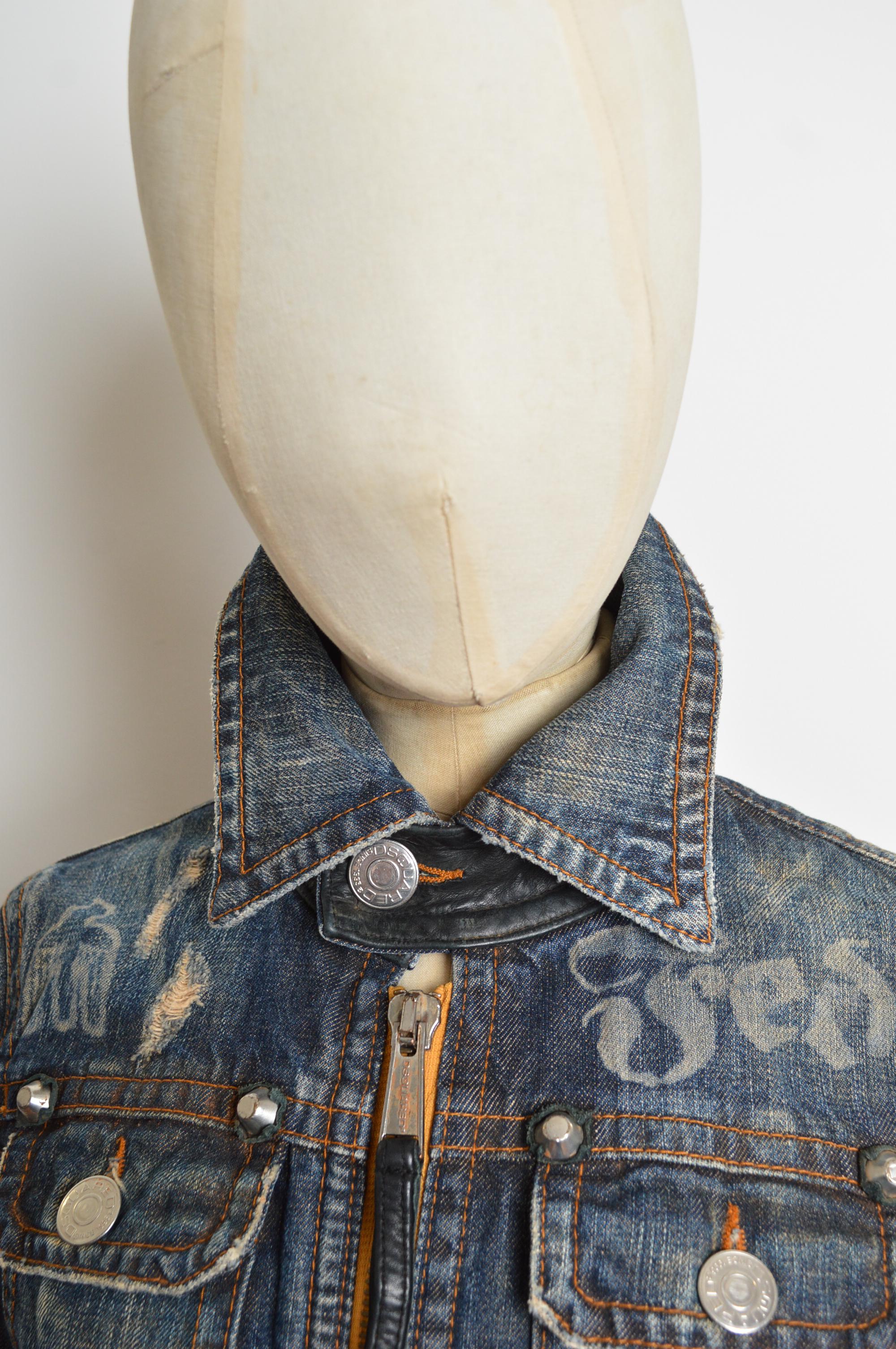 2005 Chaqueta Dsquared2 de cuero con flecos y denim angustiado occidental Negro en venta