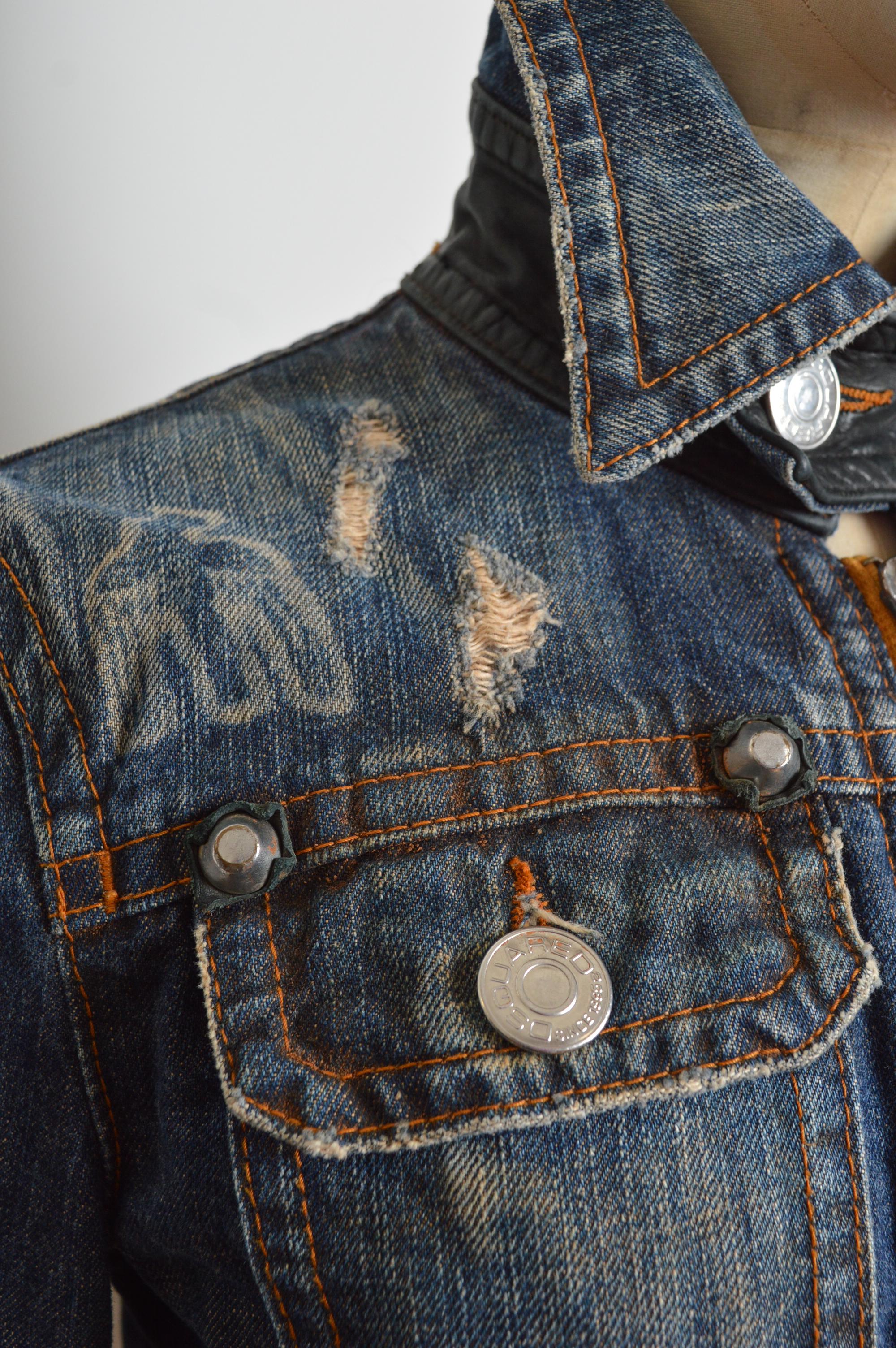 2005 Chaqueta Dsquared2 de cuero con flecos y denim angustiado occidental en venta 8