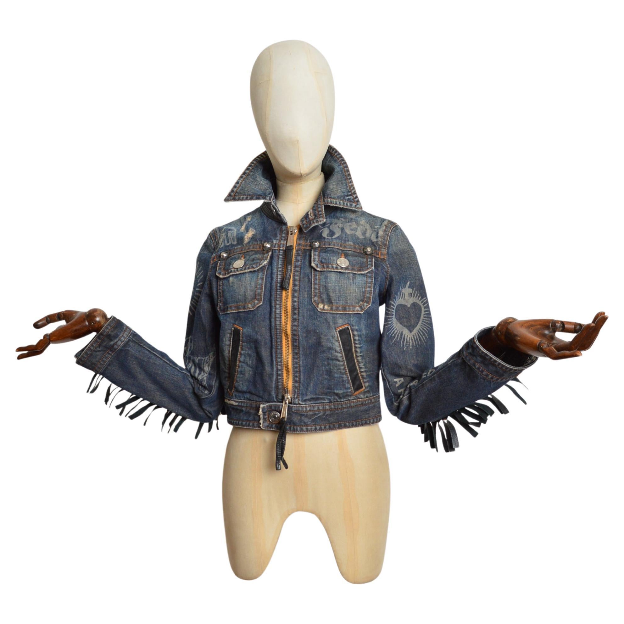 2005 Chaqueta Dsquared2 de cuero con flecos y denim angustiado occidental en venta