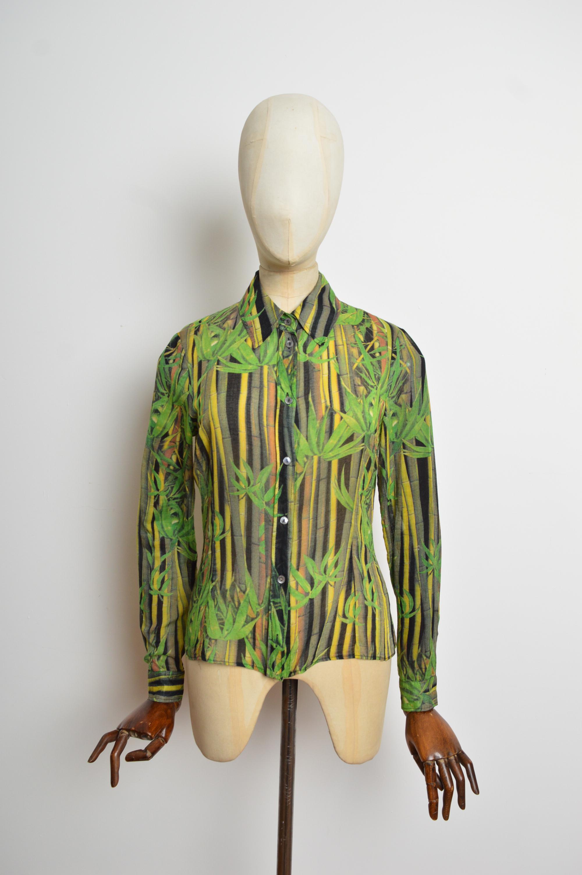 De las mujeres 2000 Dolce & Gabbana Camisa de manga larga de algodón verde con estampado de bambú - Blusa en venta