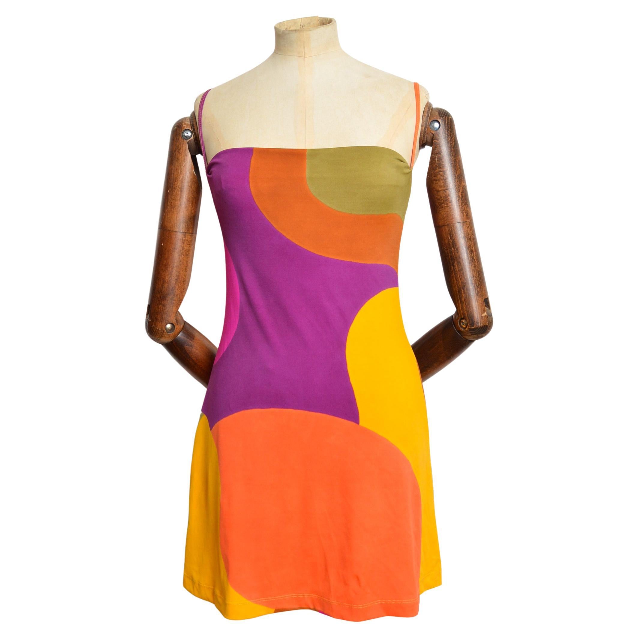 1990's Plein Sud Buntes Vintage Riemchen-Mini-Slipkleid