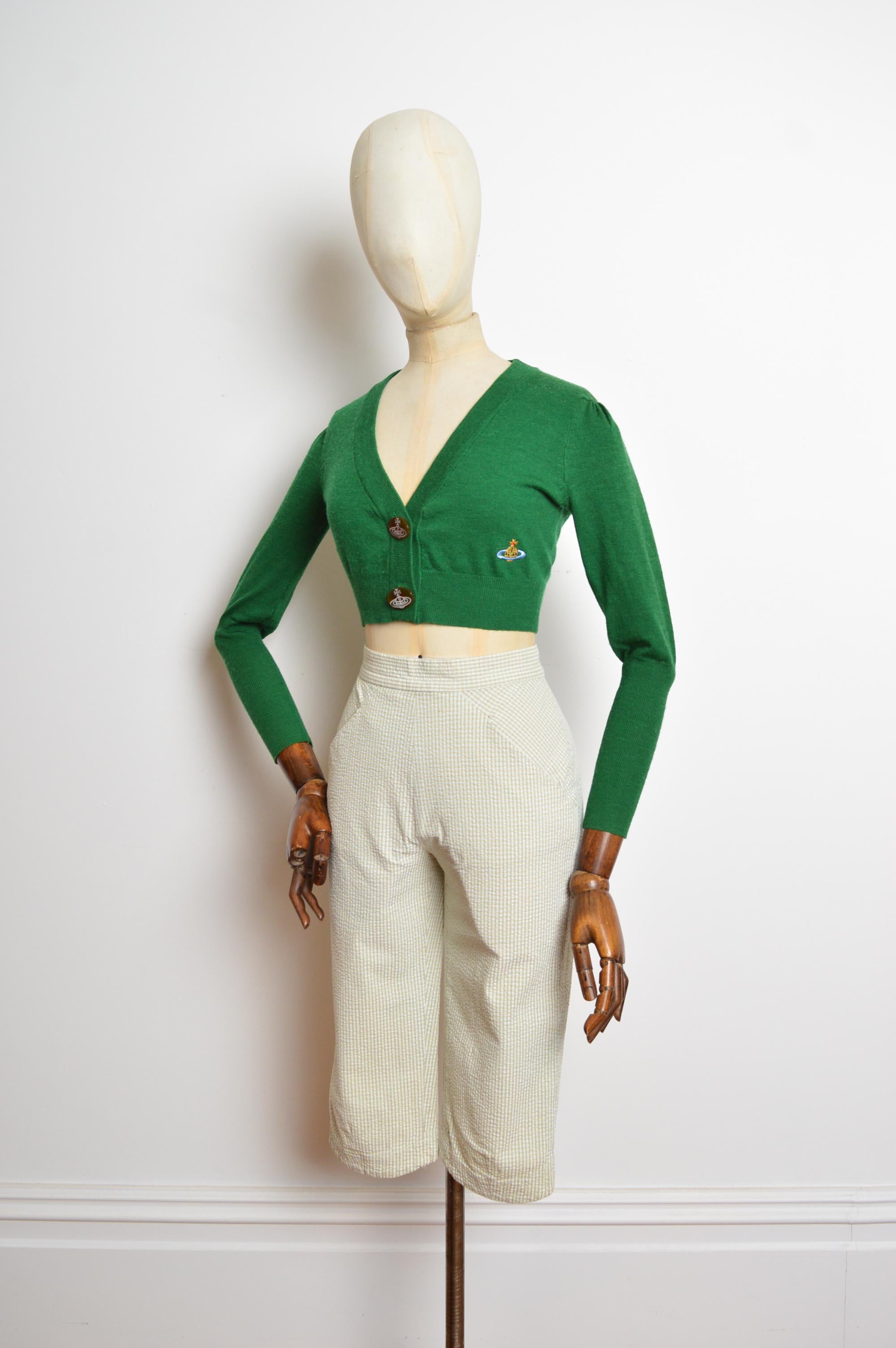 Beige 2000's Greene Westwood Leafy Green Cropped Micro knit Orb Cardigan - Crop Top en vente