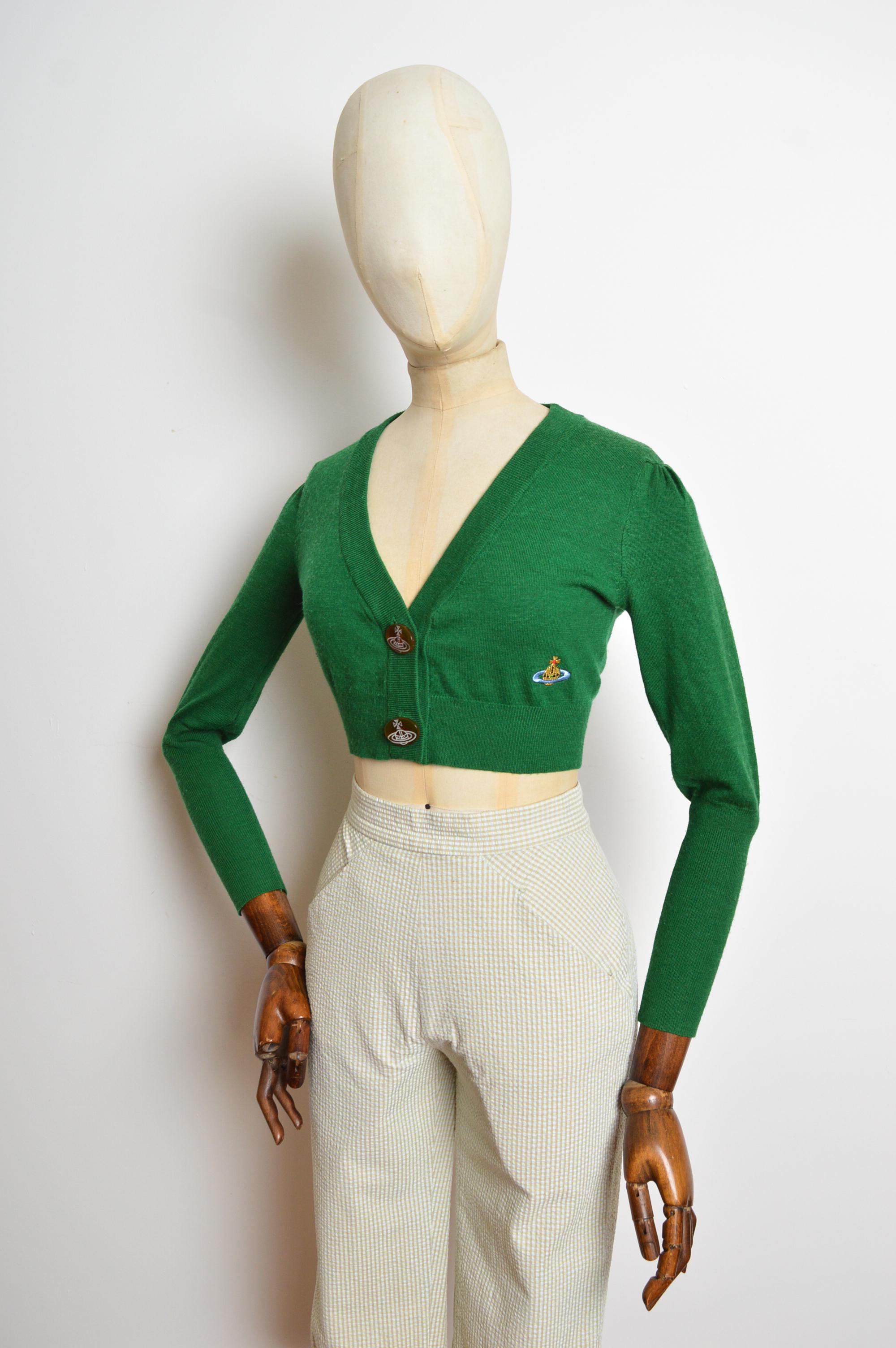 2000's Greene Westwood Leafy Green Cropped Micro knit Orb Cardigan - Crop Top Bon état - En vente à Sheffield, GB