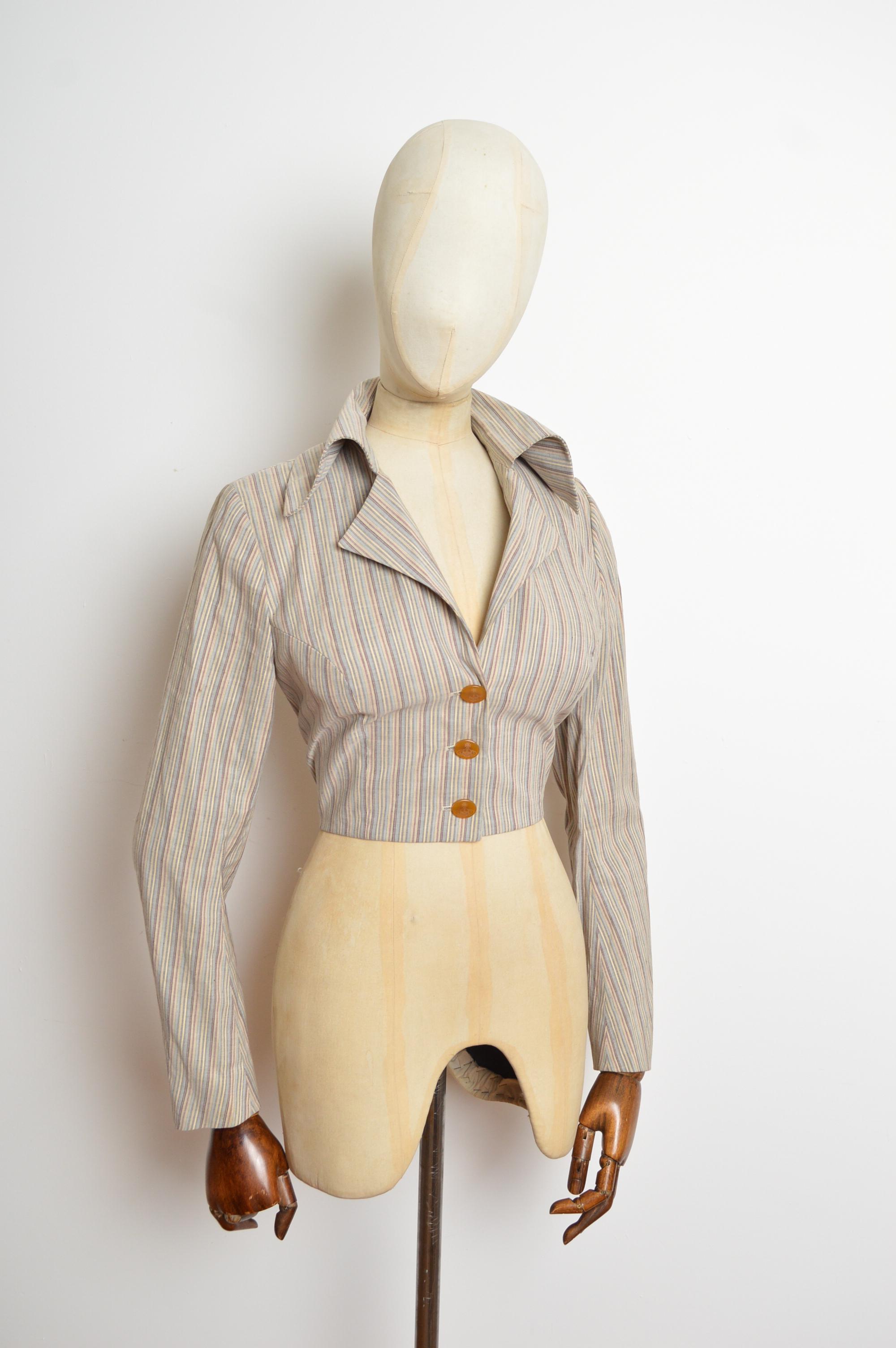 1990 Vivienne Westwood Pin Striped Cropped Fitted Giacca a righe in lino in vendita 2